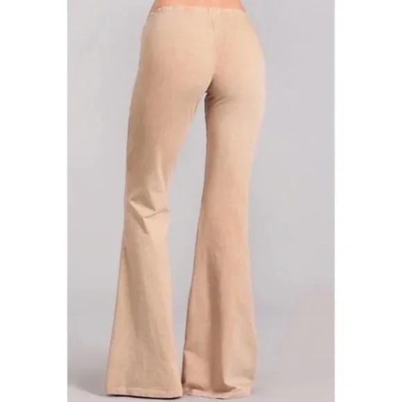 Beige Boho Mineral Wash Stretch Flared Bell Bottom Casual Pants - Picture 4 of 6